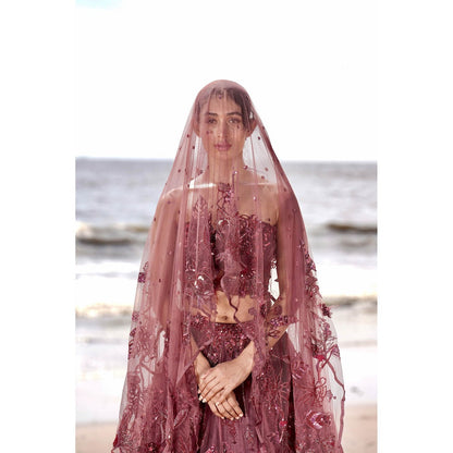 Neha Tarun Burgundy Embroidered Lehenga with Blouse and Dupatta (Set of 3)