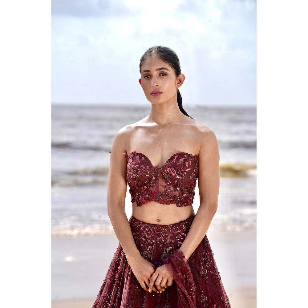 Neha Tarun Burgundy Embroidered Lehenga with Blouse and Dupatta (Set of 3)