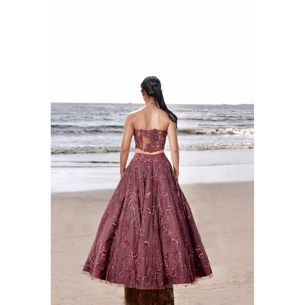 Neha Tarun Burgundy Embroidered Lehenga with Blouse and Dupatta (Set of 3)