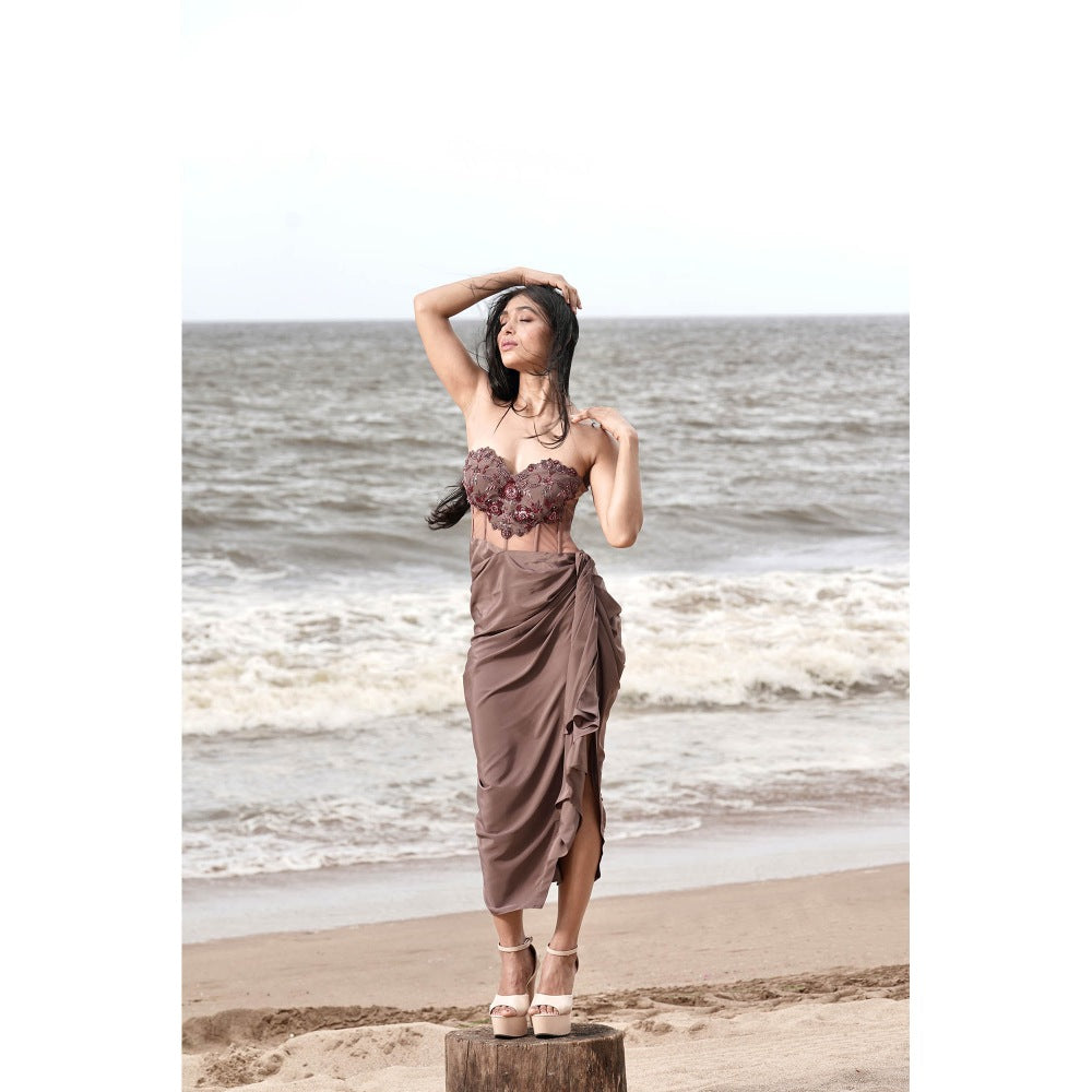 Neha Tarun Taupe Embroidered Yoke Drape Slit Dress