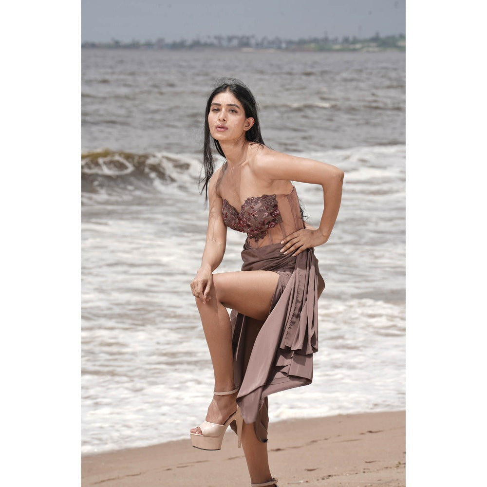 Neha Tarun Taupe Embroidered Yoke Drape Slit Dress