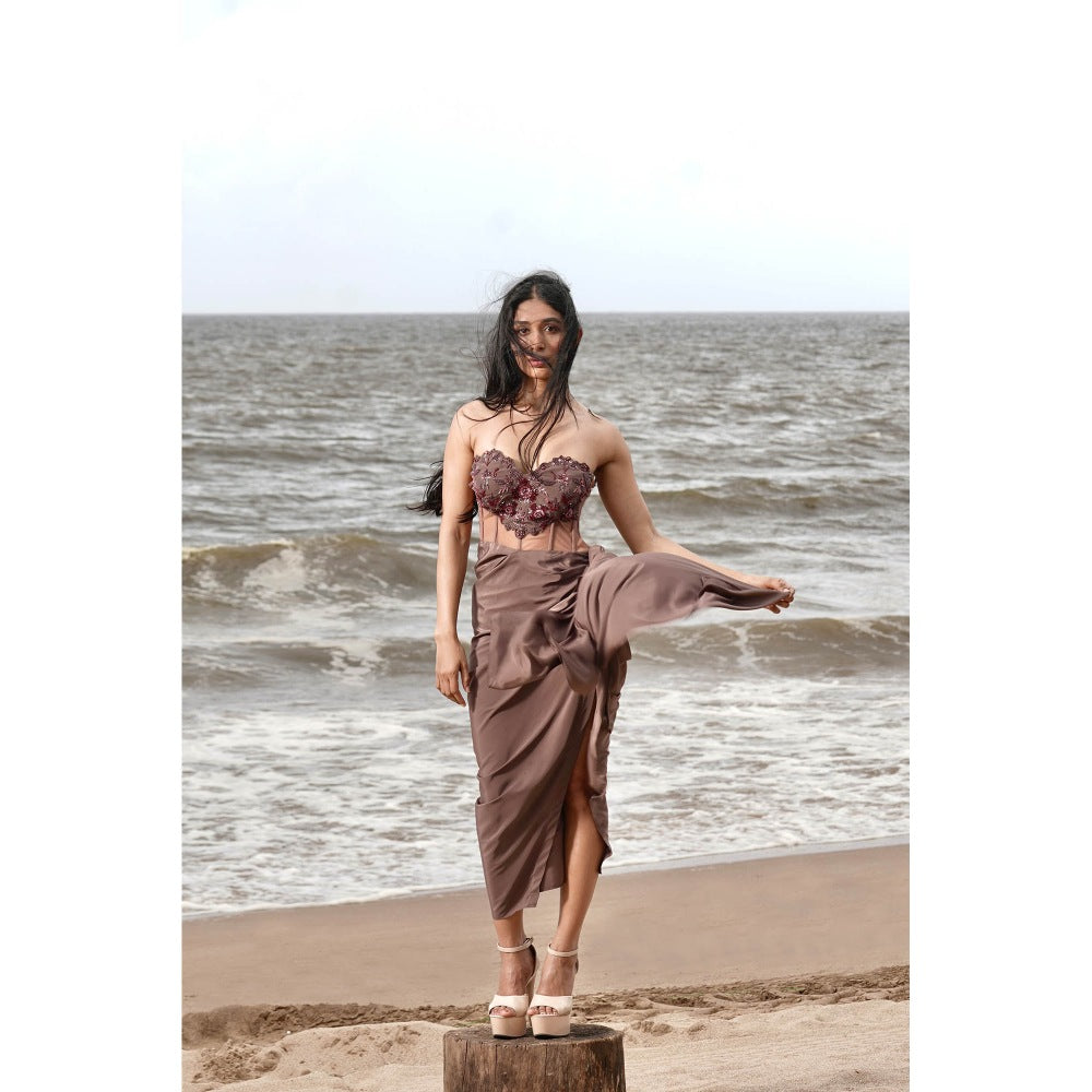Neha Tarun Taupe Embroidered Yoke Drape Slit Dress