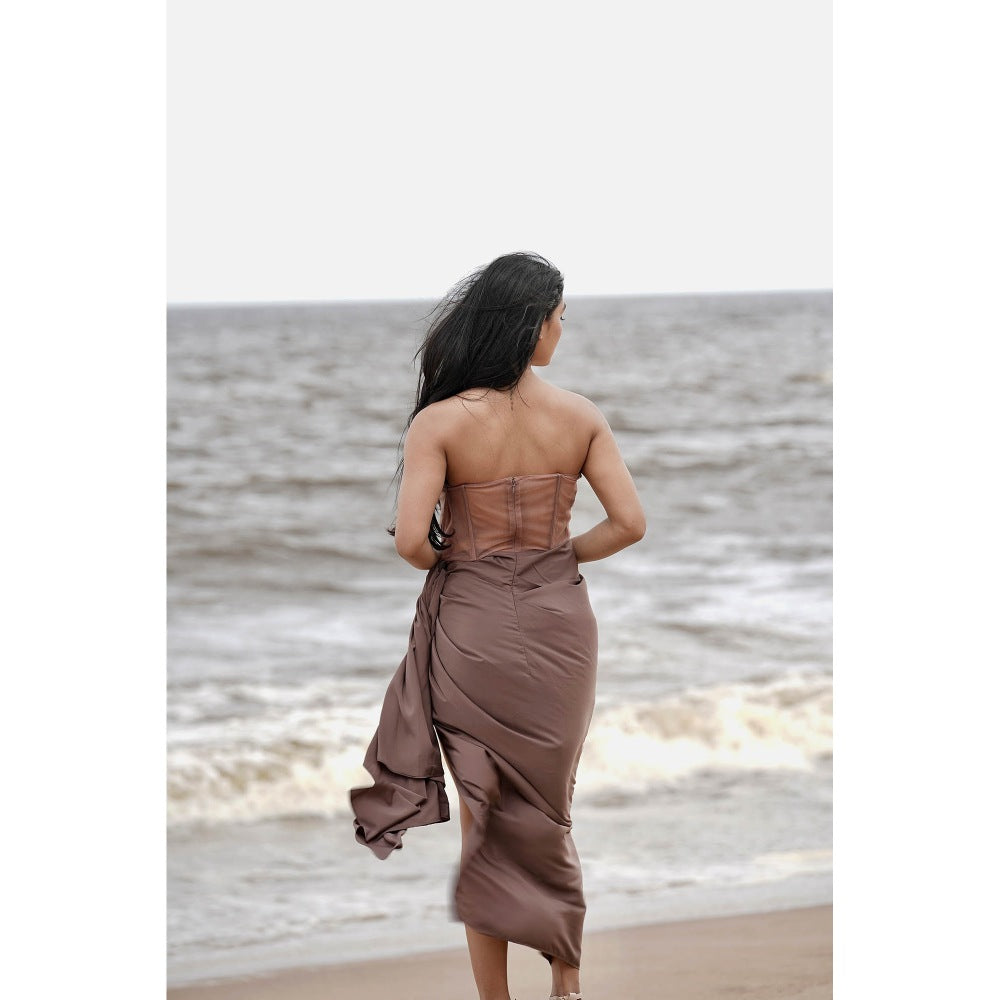 Neha Tarun Taupe Embroidered Yoke Drape Slit Dress