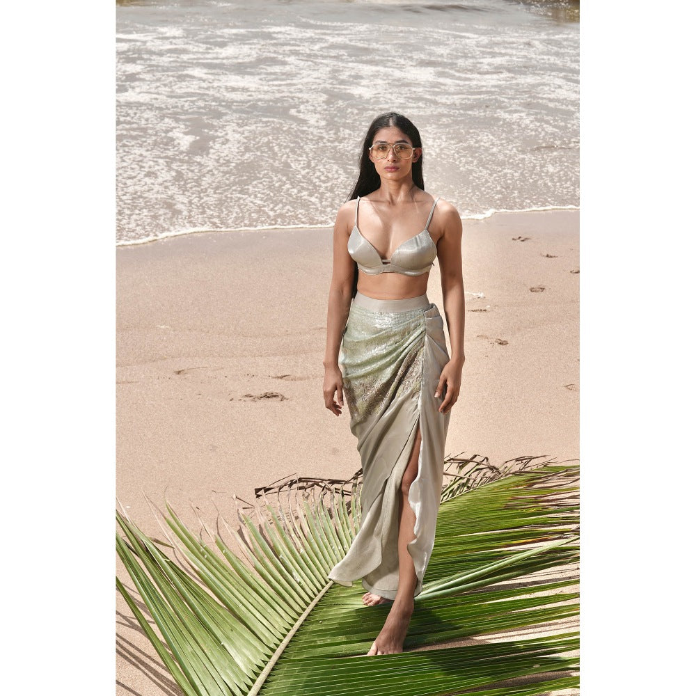 Neha Tarun Green Embroidered Drape Slit Skirt with Crop Top (Set of 2)