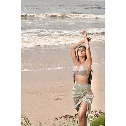 Neha Tarun Green Embroidered Drape Slit Skirt with Crop Top (Set of 2)