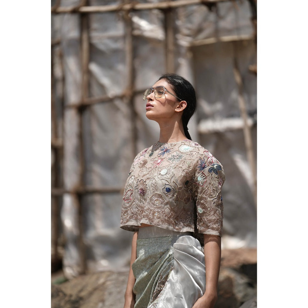 Neha Tarun Green Embroidered Drape Slit Skirt with Crop Top (Set of 2)