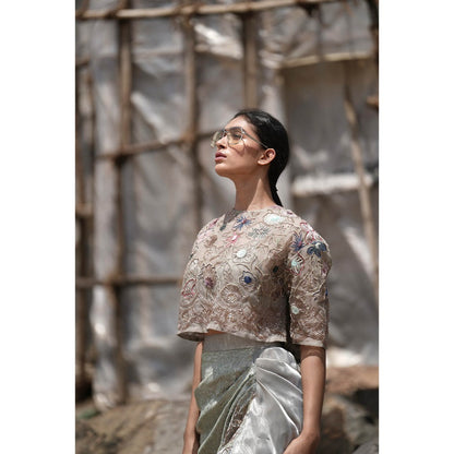 Neha Tarun Green Embroidered Drape Slit Skirt with Crop Top (Set of 2)