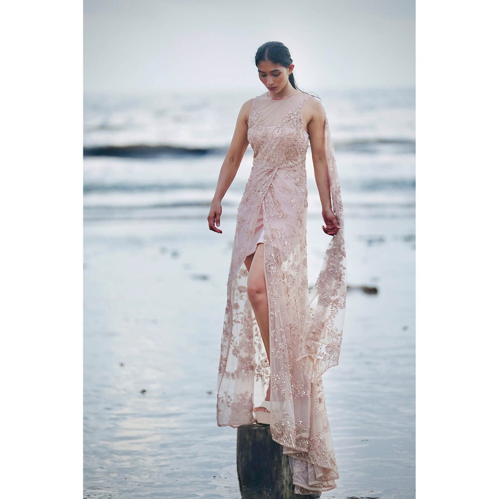 Neha Tarun Pink Embroidered Tulle Gown with Attached Drape