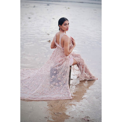 Neha Tarun Pink Embroidered Tulle Gown with Attached Drape