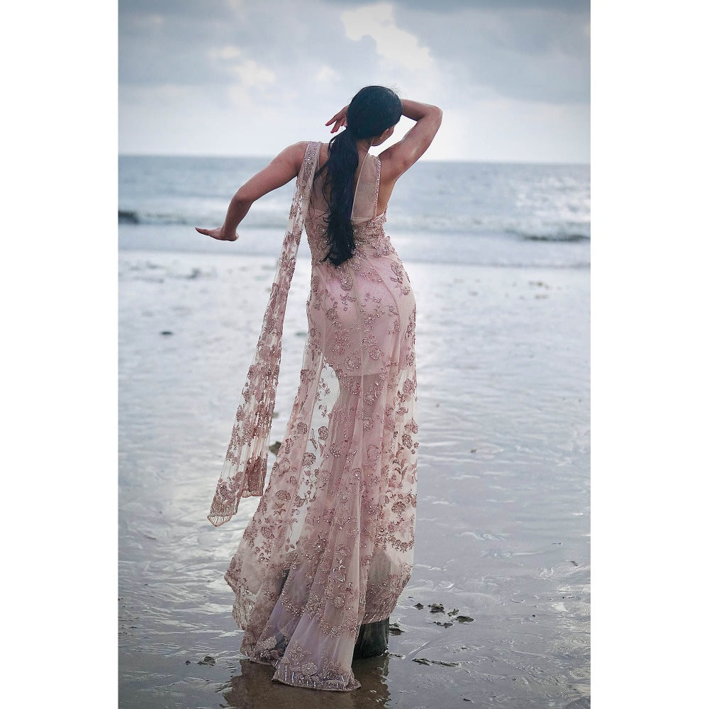 Neha Tarun Pink Embroidered Tulle Gown with Attached Drape