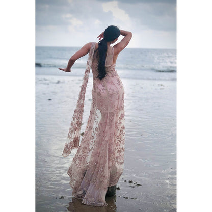 Neha Tarun Pink Embroidered Tulle Gown with Attached Drape