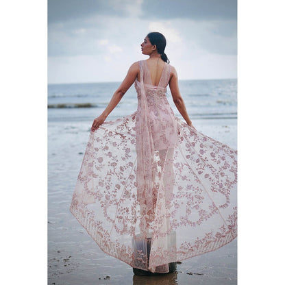 Neha Tarun Pink Embroidered Tulle Gown with Attached Drape