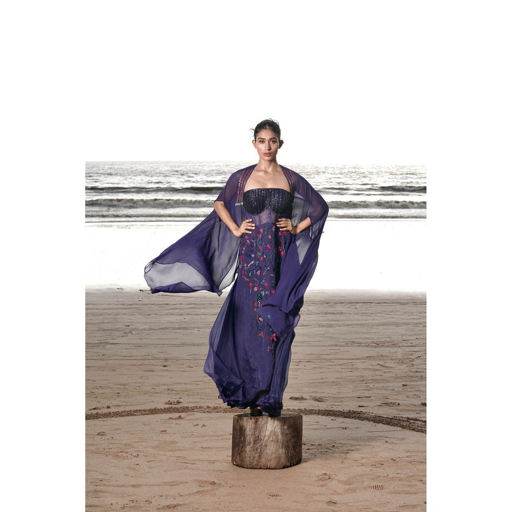 Neha Tarun Navy Blue Floral Patchwork Gown with Cape (Set of 2)