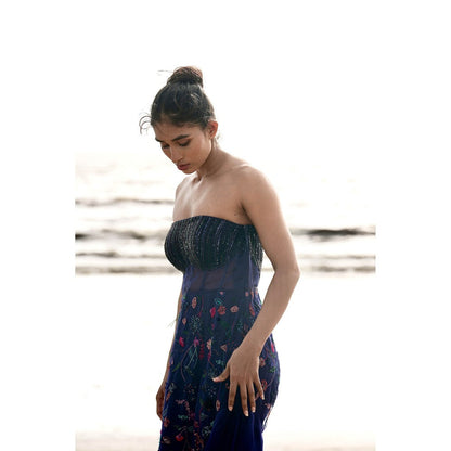 Neha Tarun Navy Blue Floral Patchwork Gown with Cape (Set of 2)