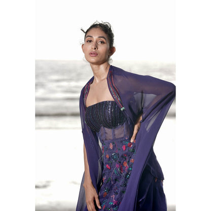 Neha Tarun Navy Blue Floral Patchwork Gown with Cape (Set of 2)