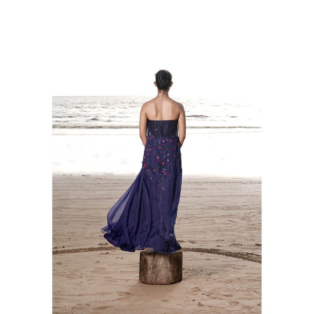 Neha Tarun Navy Blue Floral Patchwork Gown with Cape (Set of 2)