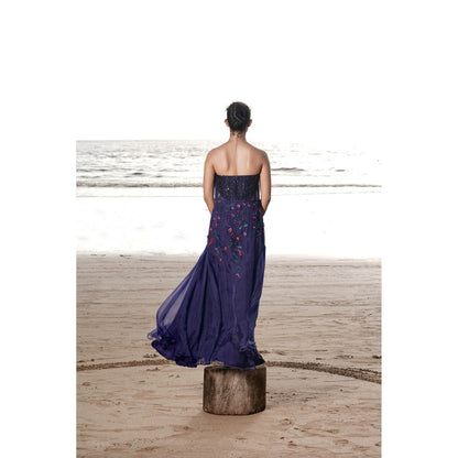 Neha Tarun Navy Blue Floral Patchwork Gown with Cape (Set of 2)