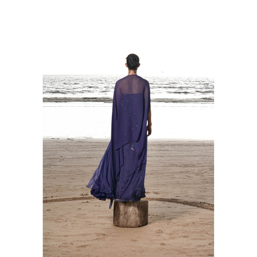 Neha Tarun Navy Blue Floral Patchwork Gown with Cape (Set of 2)