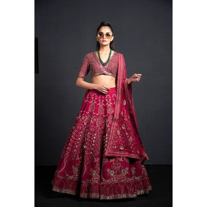 Neha Tarun Wine Lehenga with Blouse and Dupatta (Set of 3)