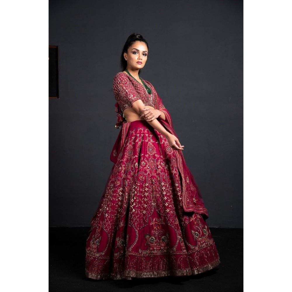 Neha Tarun Wine Lehenga with Blouse and Dupatta (Set of 3)