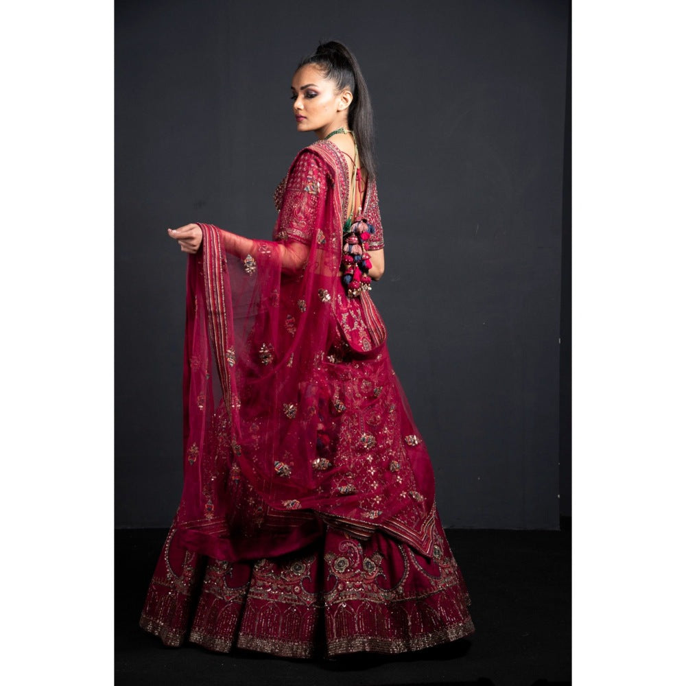 Neha Tarun Wine Lehenga with Blouse and Dupatta (Set of 3)