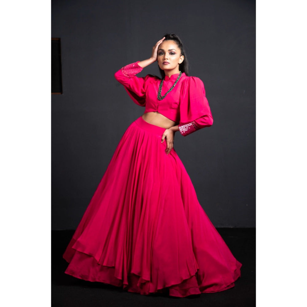 Neha Tarun Pink Power Shoulder Crop Top with Skirt (Set of 2)
