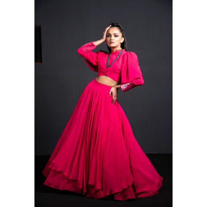 Neha Tarun Pink Power Shoulder Crop Top with Skirt (Set of 2)