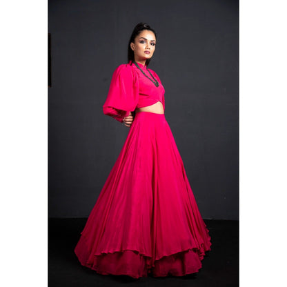 Neha Tarun Pink Power Shoulder Crop Top with Skirt (Set of 2)