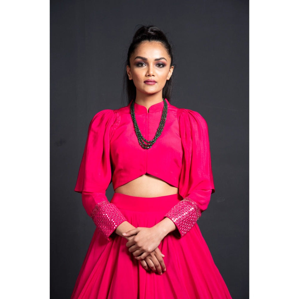 Neha Tarun Pink Power Shoulder Crop Top with Skirt (Set of 2)