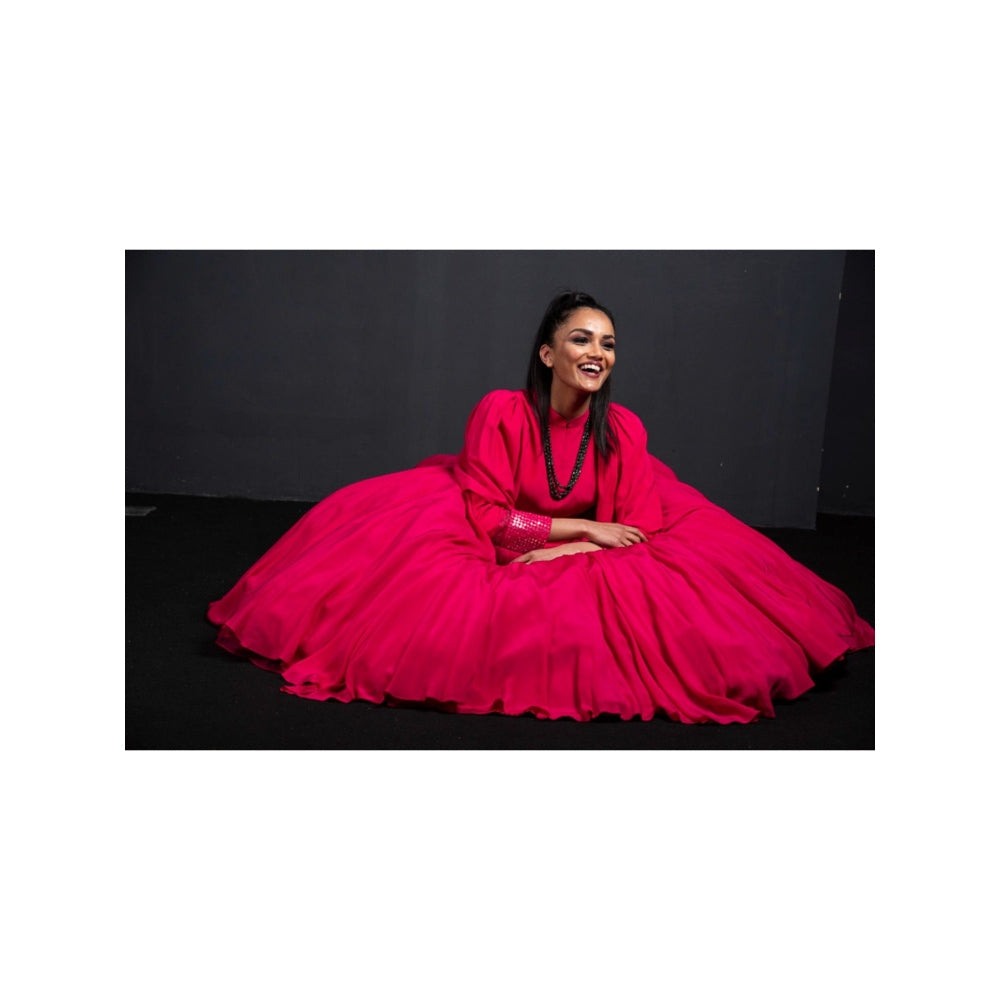 Neha Tarun Pink Power Shoulder Crop Top with Skirt (Set of 2)