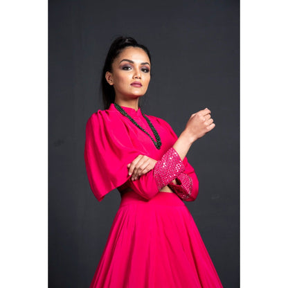 Neha Tarun Pink Power Shoulder Crop Top with Skirt (Set of 2)