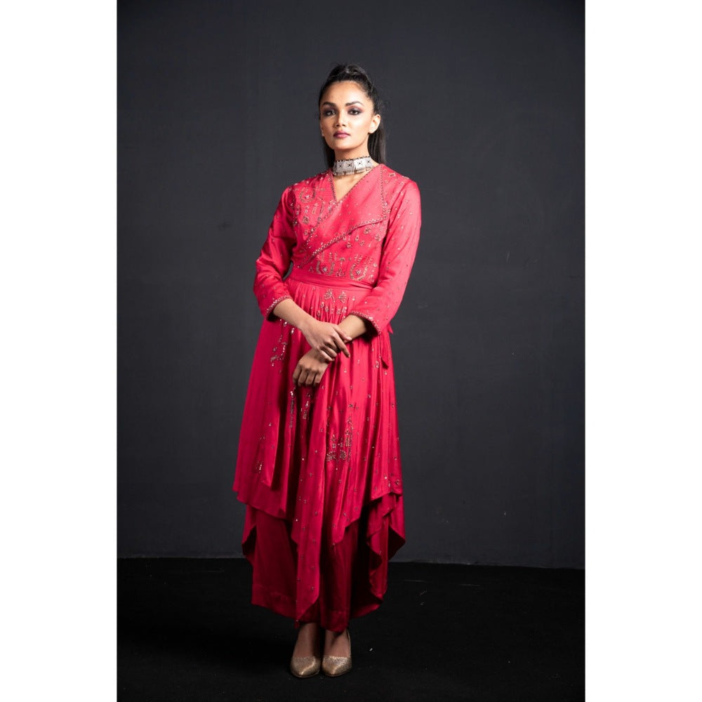 Neha Tarun Pink Indo-Western Kurta with Tie-Knot Belt and Palazzo (Set of 3)