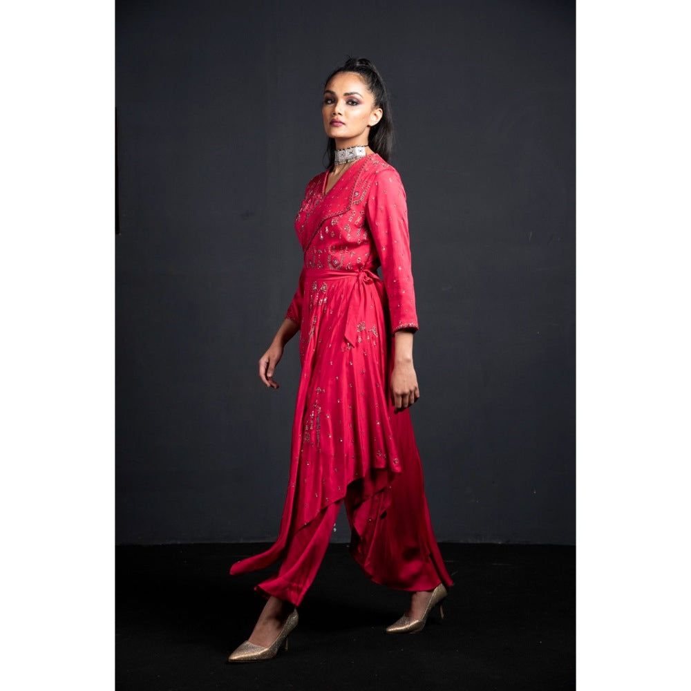 Neha Tarun Pink Indo-Western Kurta with Tie-Knot Belt and Palazzo (Set of 3)