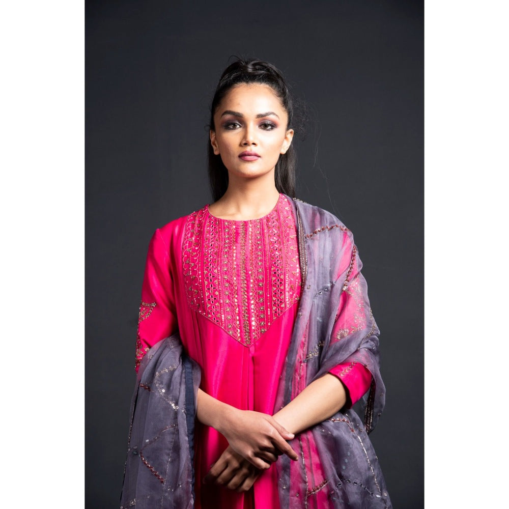 Neha Tarun Pink Pleated Anarkali with Churidar and Dupatta (Set of 3)