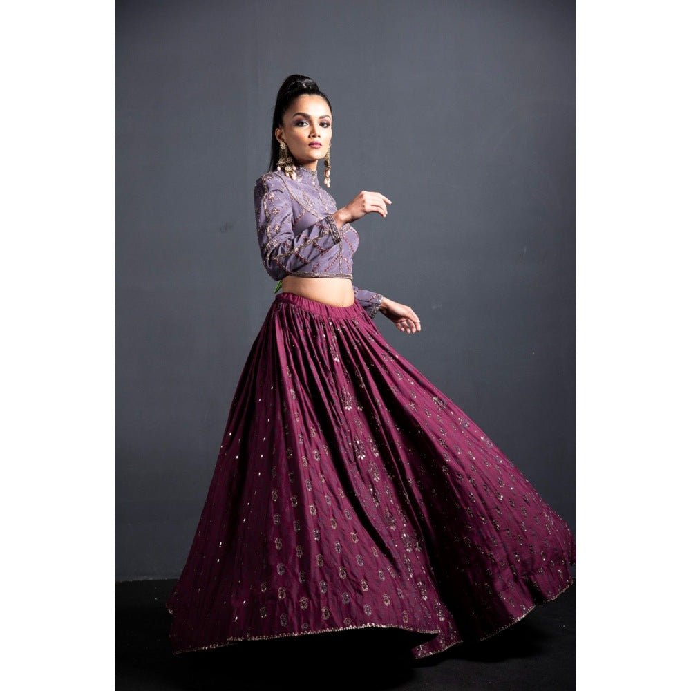 Neha Tarun Wine High Neck Blouse with Lehenga and Dupatta (Set of 3)