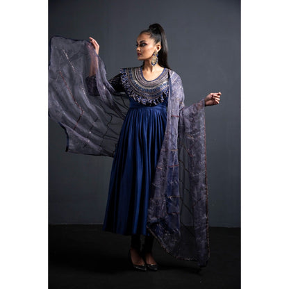 Neha Tarun Blue Embroidered Anarkali with Churidar and Dupatta (Set of 3)