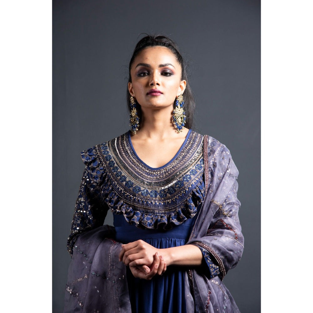 Neha Tarun Blue Embroidered Anarkali with Churidar and Dupatta (Set of 3)