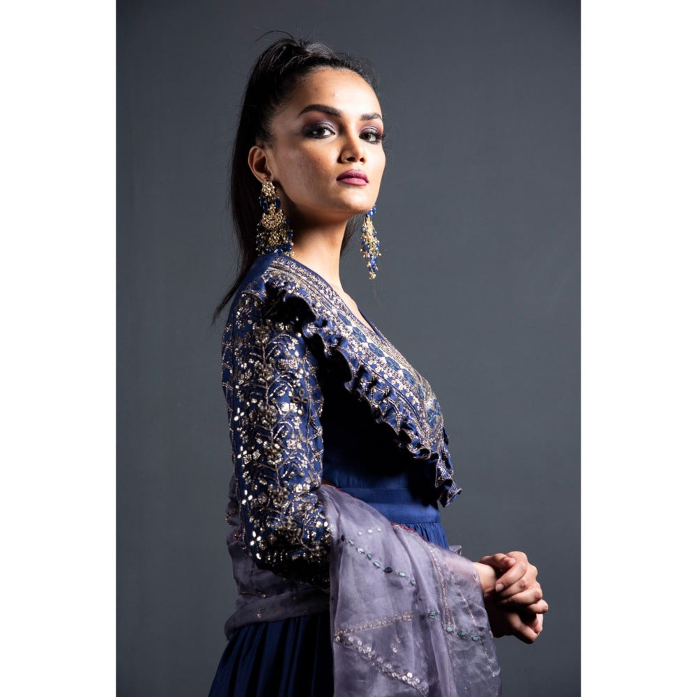 Neha Tarun Blue Embroidered Anarkali with Churidar and Dupatta (Set of 3)