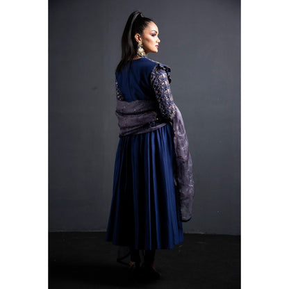 Neha Tarun Blue Embroidered Anarkali with Churidar and Dupatta (Set of 3)