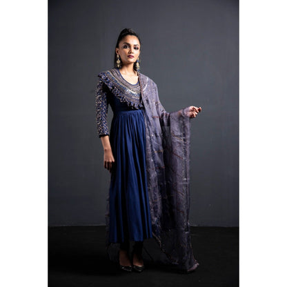 Neha Tarun Blue Embroidered Anarkali with Churidar and Dupatta (Set of 3)