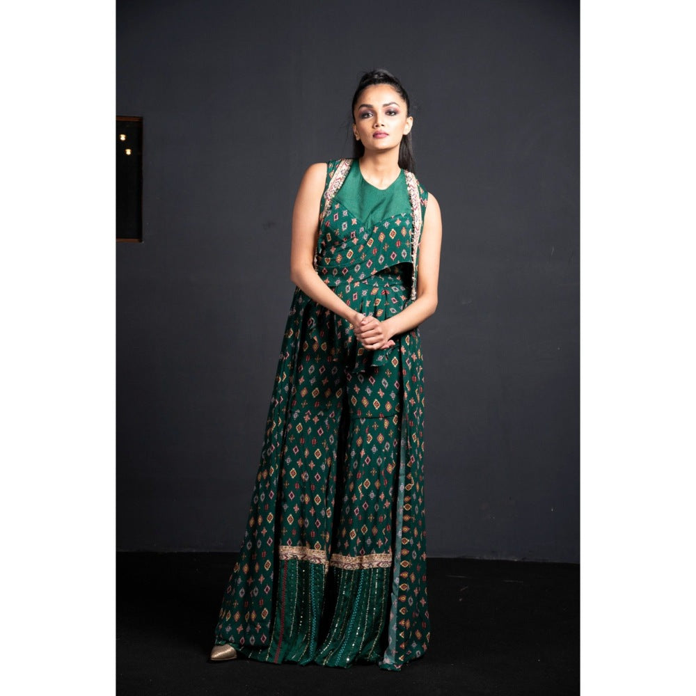 Neha Tarun Green Layered Top with Sharara and Jacket (Set of 3)