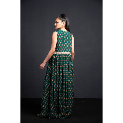 Neha Tarun Green Layered Top with Sharara and Jacket (Set of 3)