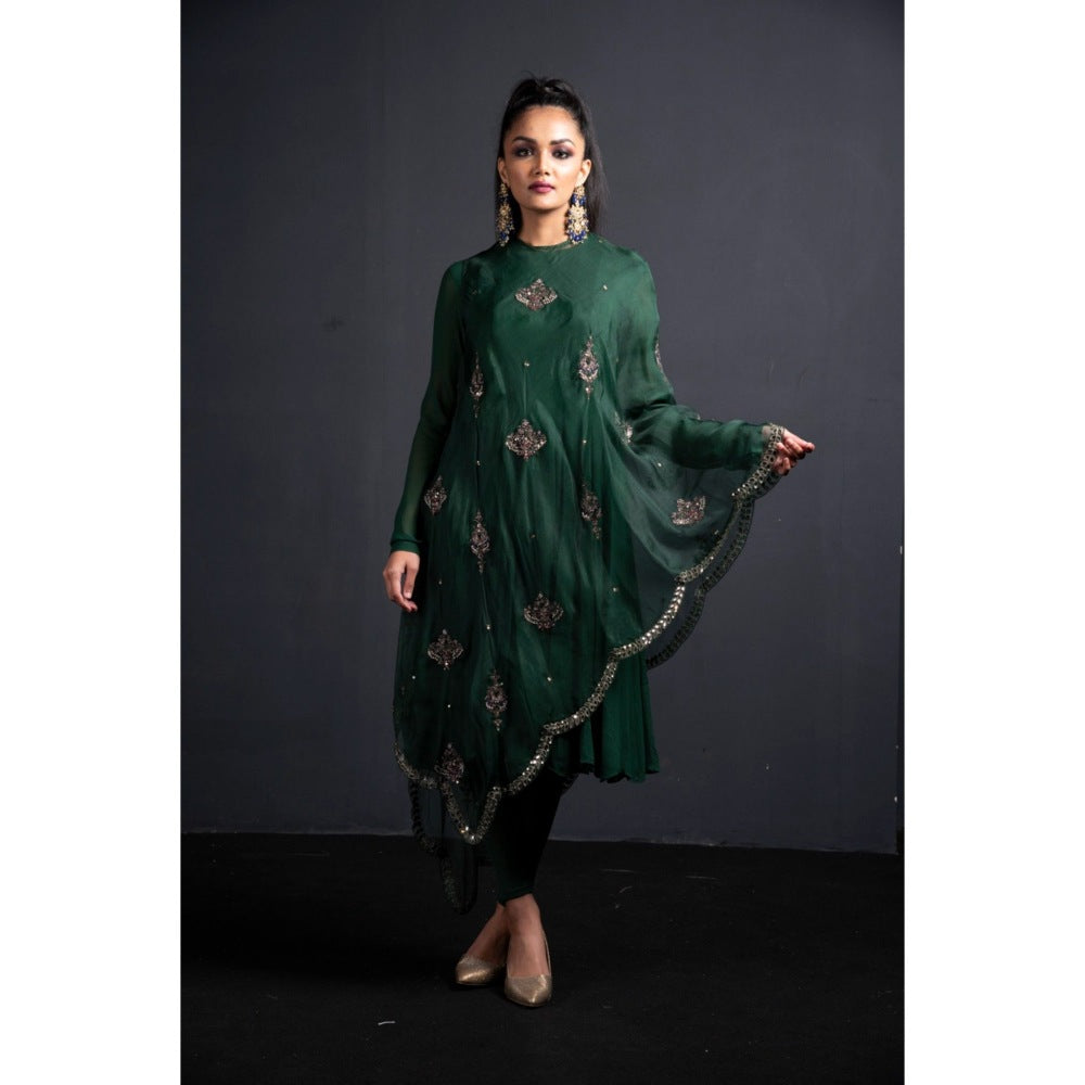 Neha Tarun Green Short Anarkali with Embroidered Diagonal Cape and Churidar (Set of 3)