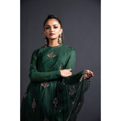 Neha Tarun Green Short Anarkali with Embroidered Diagonal Cape and Churidar (Set of 3)