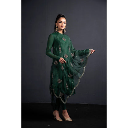 Neha Tarun Green Short Anarkali with Embroidered Diagonal Cape and Churidar (Set of 3)