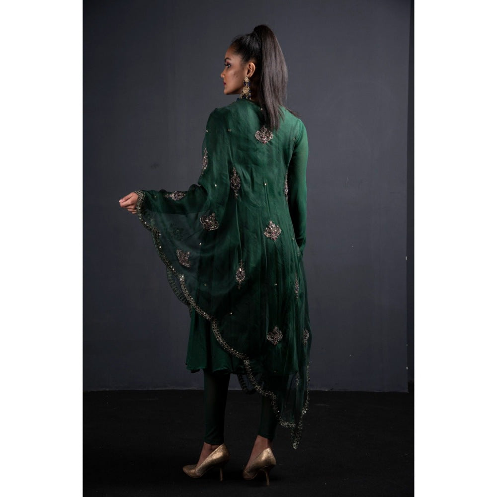 Neha Tarun Green Short Anarkali with Embroidered Diagonal Cape and Churidar (Set of 3)