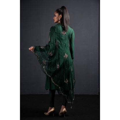 Neha Tarun Green Short Anarkali with Embroidered Diagonal Cape and Churidar (Set of 3)