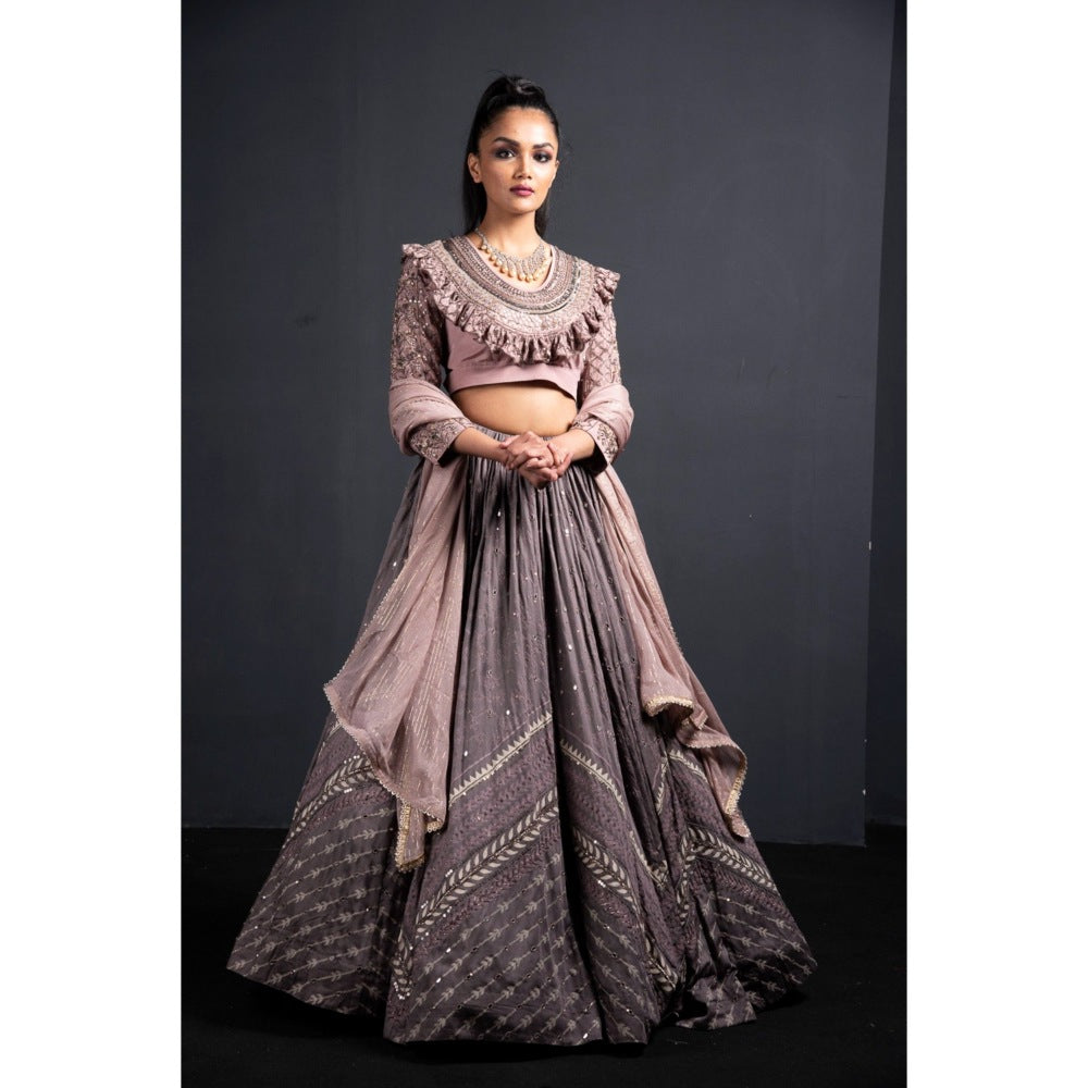 Neha Tarun Grey Heavy Embroidered Blouse with Lehenga and Dupatta (Set of 3)