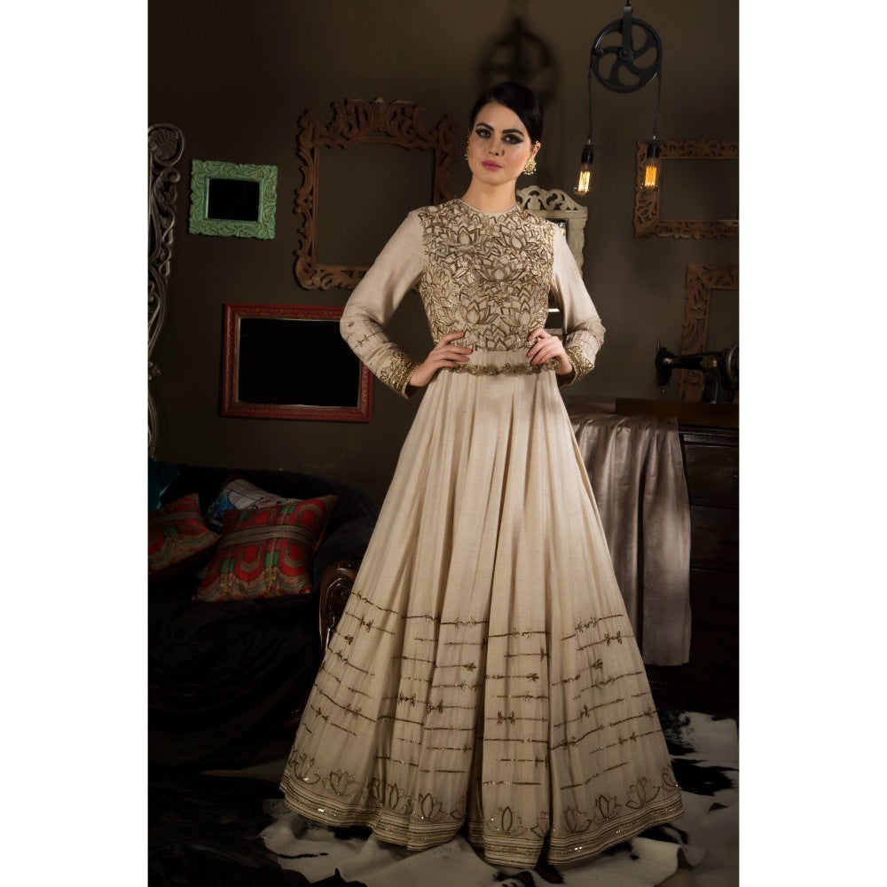 Neha Tarun Beige Embroidered Floor Length Gown