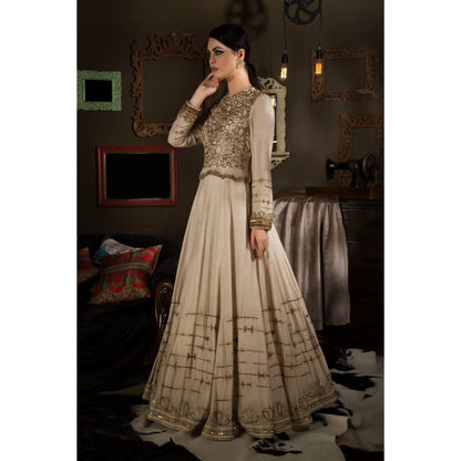 Neha Tarun Beige Embroidered Floor Length Gown